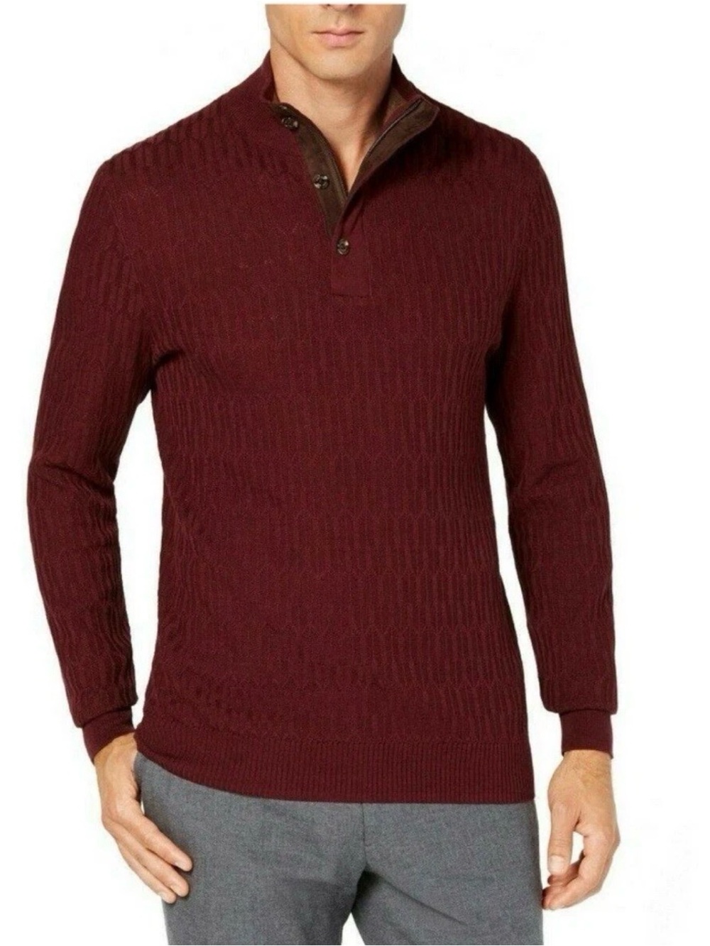 Tasso Elba Men's Cable-Knit Half-Zip Sweater in Burgundy Cotton